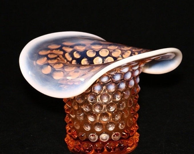 Storewide 25% Off SALE Vintage Fenton Hobnail Vaseline Victorian Top Hat Art Glass Vase Featuring Rare Faded Burnt Orange Design
