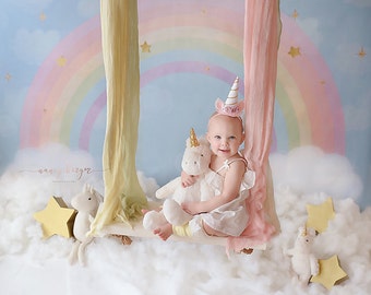 Pastel Rainbow Photography Backdrop Vinyl Canvas, Unicorn Birthday Backdrop Clouds, Photography Background Girls Photo Backdrop WHM141
