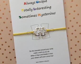 Autism Awareness Wish String Bracelet with Tibetan silver Jigsaw Charm