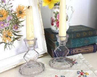 Pair of vintage clear glass candlestick holders