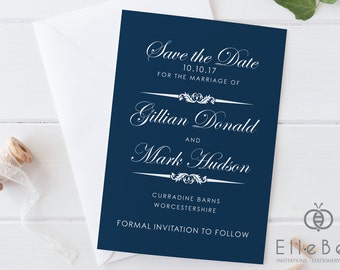 Classical Navy Save The Date Card // Classical Save The Date // Classic Wedding // Navy Wedding // Paddington Collection // Elle Bee Design