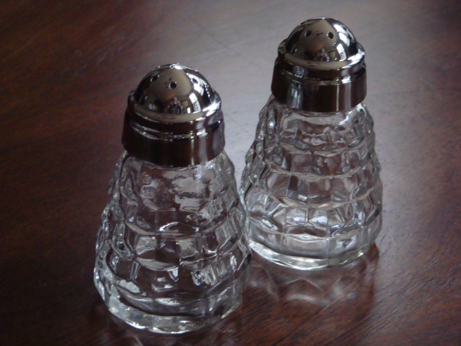 Fostoria AMERICAN Salt and Pepper Shakers with Chrome Lids