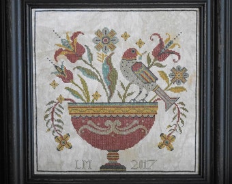 LA~D~DA "Fraktur Flowers" | Cross Stitch Pattern | Pennsylvania Dutch, Folk Art, Bird, Flowers, Urn