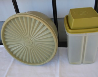 Vintage Tupperware 1 Pickle Keeper and 1 Stackable Canister or Storage Container, Green ,1970s