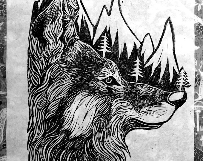 Mountain Wolf Original Illustration Print Linocut - A4 Wild, Animals, Wolves