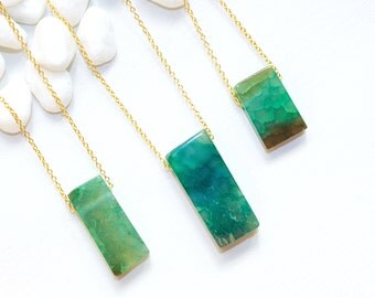 Green Stone Necklace, Agate Jewelry, Green Agate Necklace, Emerald Stone Necklace, Green Rectangle Stone Necklace, Gemstone Jewelry