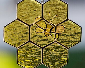 Stained glass honey bee and honeycomb suncatcher, glass bee, stain glass bumble bee, honey, beehive