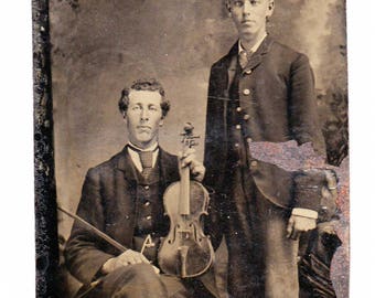 Genuine Vintage 1860s-'70s era Tin Type of Man with Fiddle or Violin or Viola -- Free Shipping