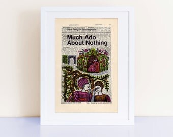 Much Ado About Nothing by William Shakespeare Print on an antique page, book lover gift, book cover art, recycled book