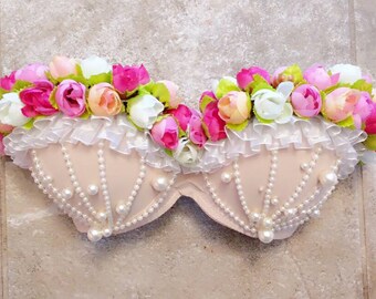 FREE Shipping Lana Del Rey Flower Crown Pearl Lace Push Up Rave Bra 34A/32B