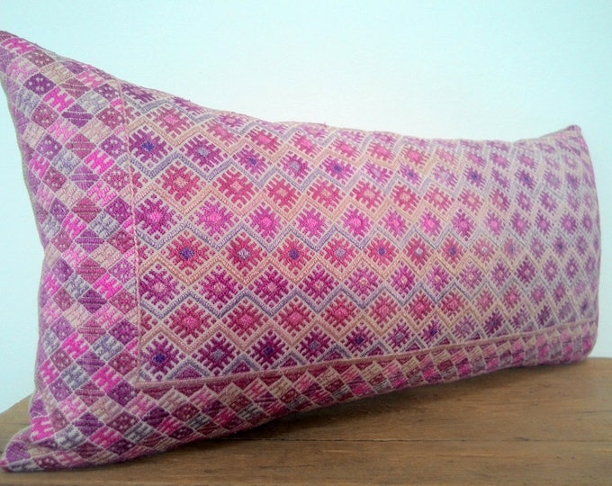 11" x 24" Vintage Chinese Wedding Blanket Long Lumbar Pillow Cover / Boho Pink Tan and Indigo Ethnic Dowry Textile / Handwoven Silk Cushion