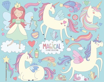 Magical Unicorns Clipart - Unicorn Clipart, Cute Magical Clip Art Collection, Princess Clipart, Whimsicle Illustration