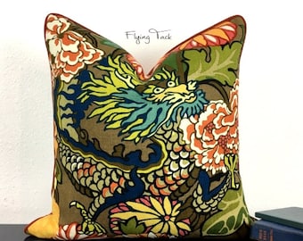 Mocha Chiang Mai Dragon Pillow cover - Customize to fit YOUR decor - Piped finish - Schumacher - Linen Back