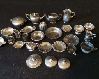 Huge Lot Of Vintage Antique Pewter Lead Metal Dollhouse Miniature Pitchers Teapots Cups Saucers Collection