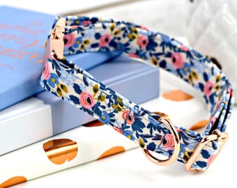 Dog Collar - Les Fleurs Rosa - Periwinkle/Coral - Cotton + Steel Rifle Paper Company - Rose Gold Hardware