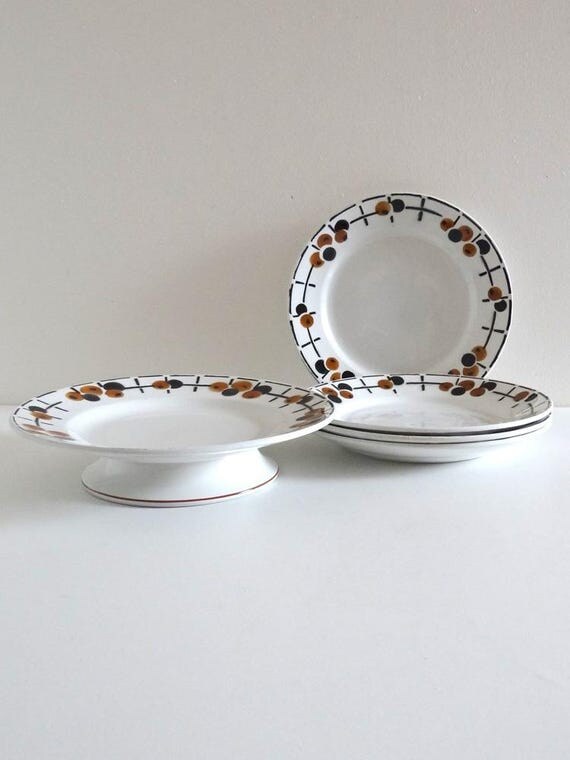 French Art Deco Cake Plate 4 Dessert Plates Antique 1930s