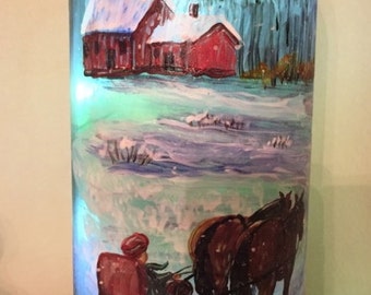 Lighted Wine Bottle with Winter Scene, Horses with Sleigh