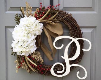 Front Door Wreath / Spring Wreath / Monogram Wreath / Every Day Wreath / Antler Wreath / Wreath for Front Door / Rustic Wreath / Wreaths