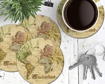 Wanderlust Coaster Set, Map Coasters, Vintage World Map Print Coasters, Travel Coasters,