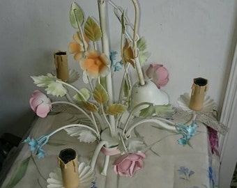 Pastel Floral Toleware Chandelier Lamps, Chippy Metal, Vintage French, Pink Roses Metal Ceiling Lights,