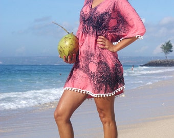 SALE! Summer Pompom Poncho/Pompons Beach dress/Pompons Beach tunic/Beach wear * SAHARA Pompom PONCHO