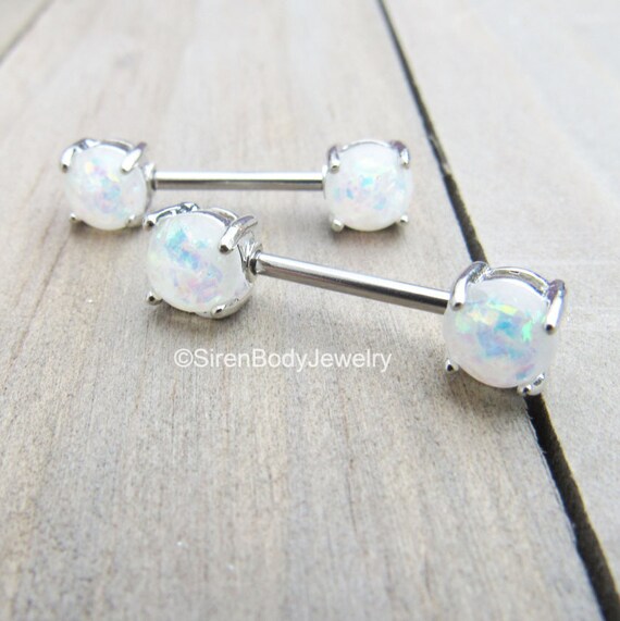 Nipple piercing jewelry barbells white opal by SirenBodyJewelry