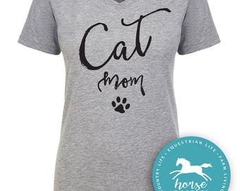 Cat Mom Script | Cat T Shirt | Feline | Cat Shirt | Women's Fitted V-Neck Tee | Fashion Fit | Soft |