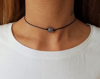 Gray Agate Choker, Gemstone Choker, Choker Necklace, Boho Choker, Bohemian Choker, Single Bead Choker, Thin Black Choker, Gray Bead Choker
