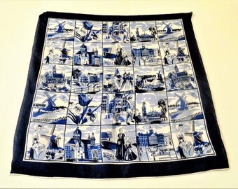 HOLLAND souvenir scarf, Delft blue, Vintage scarf, souvenir of Holland, Dutch Delft Scarf, 70s