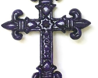 Purple Cast Iron Cross - Fleur de Lis - Metal Wall Crosses - Decorative Crosses - Cross Wall Art - Baptism Gift Girl - Gallery Wall Decor