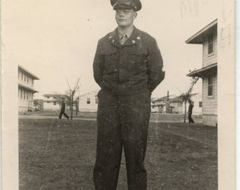WWII Soldier in Uniform on base B/W Photo 1940"s