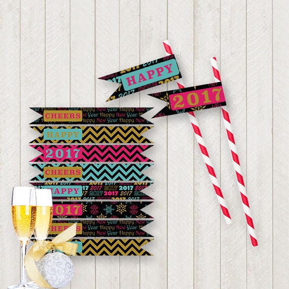 New Year STRAW FLAGS Printable