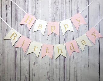 1st Birthday Banner, Happy Birthday, Pink & Gold Birthday Decor, Cake Smash Photo, First Birthday, Personalized Name, Glitter, Flag Banner