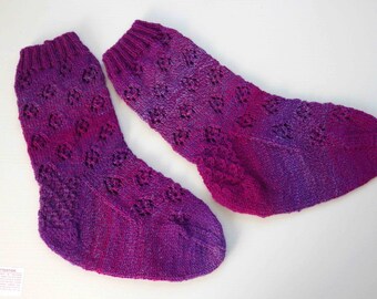 Luxury Hand Knitted Socks, Purple Red, Multicolored, Australian Yarn, Cherry Blossom Pattern, Keep your feet warm, Handmade, Cozy, Lovely
