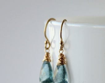 Aquamarine Dangle Earrings, Moss Aquamarine gold filled earrings, March birthstone, gift for her, blue gemstone jewellery