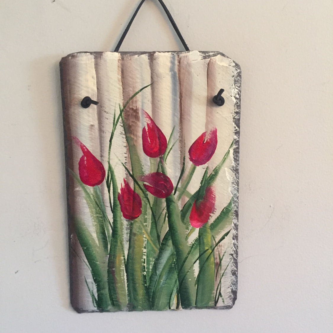 garden slates, tulips slate painting wall hanging, 12 x 8 painted garden slates, tulips slate painting wall hanging, 12 x 8 painted