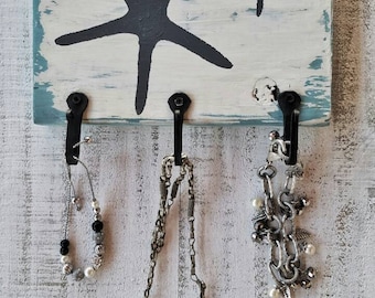 Whimsical beach cottage, shabby chic starfish key/jewelry three wall hook plaque