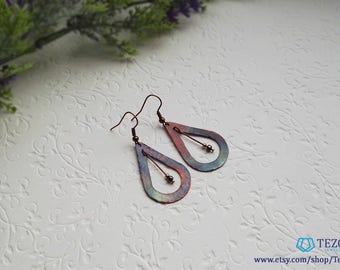 Teardrop copper dangle earrings, fired copper earrings, gift for girlfriend