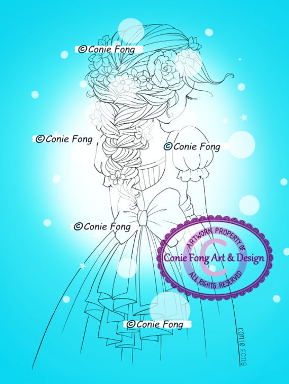 SALE Digital Stamp, Digi Stamp, digistamp, Braids In My Hair by Conie Fong, Coloring Page, girl, flower, dress, color page, sweet sixteen