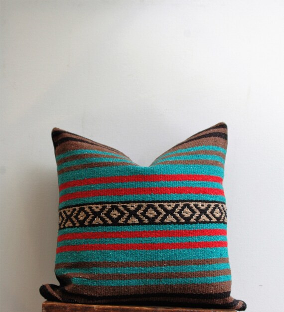 Teal and Brown Mexican Blanket Pillow Cover by StacyEllisDesign