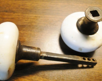 Antique White Porcelain Door Knob Set - One Knob Is Attached With A Set Screw & One is Loose (No Set Screw) - Nice Find!