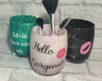 Makeup Brush Holder, Glitter Make Up Brush Holder, Makeup Storage, Brush Pot, Hello Gorgeous, Brush Organizer, Gift For Her, Vanity Storage.