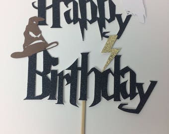 Harry Potter Happy Birthday Cake Topper ~ lightning bolt ~ party ~ birthday ~ Hedwig ~ Sorting hat ~ Harry Potter Birthday ~ glitter