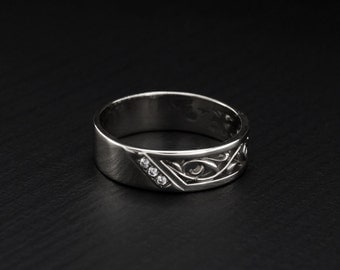 Vintage style wedding band, Silver nature ring, Leaves band, 5mm silver ring, Men or women wedding band sterling silver, Anniversary ring