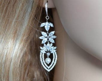 Dramatic Cubic Zirconia CZ and Pearl Chandelier Bridal Earrings, Bridal, Wedding (Sparkle-2665)