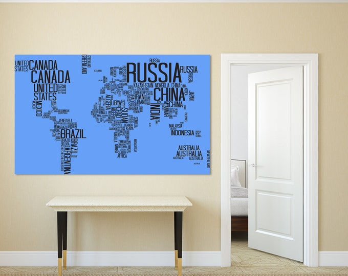Large blue map in text canvas wall art, typography map wall art, text world map print, typography world map set of 3 or 5 panels
