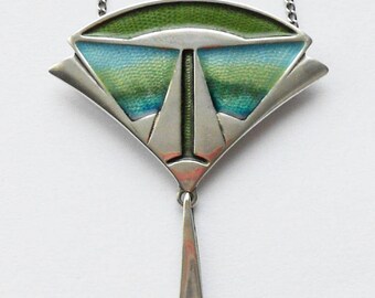 Vintage Scottish Silver Art Nouveau Necklace, 925 Silver and Enamel, Pat Cheney, Ortak