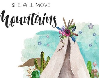 Let Her Sleep Teepee Cotton Quilting Blanket Fabric. Fabric by the Yard. Woodland Tipi Adventure Mountains Girl Nursery Floral Flowers Cacti