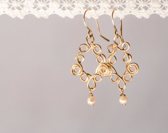 Gold pearl earrings, bridal earrings gold filigree earrings, pearl earrings gold, pearl earrings bridal, white pearl earrings wedding