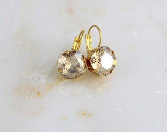 Gold Wedding earrings, Crystal Bridal earrings, Bridal jewelry, Champagne crystal earrings, Bridesmaid earrings, Swarovski Cushion cut